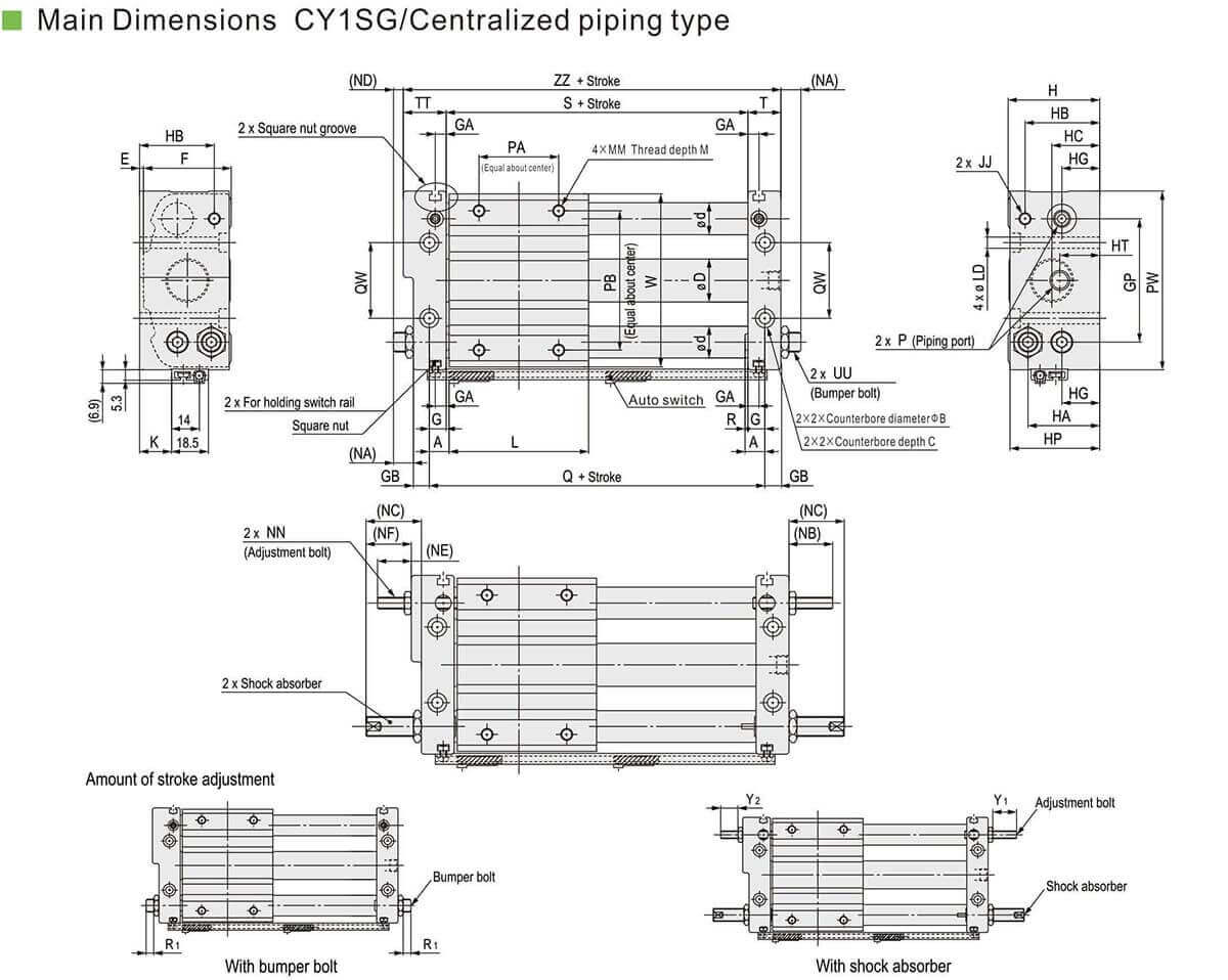 Diagramm eines kolbenstangenlosen Zylinders