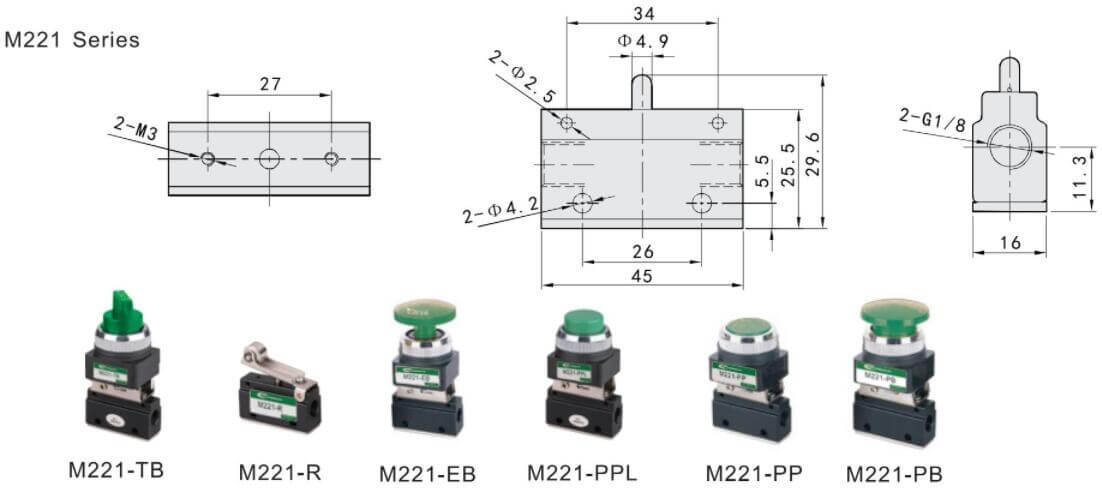 Abmessungen des mechanischen Ventils M221